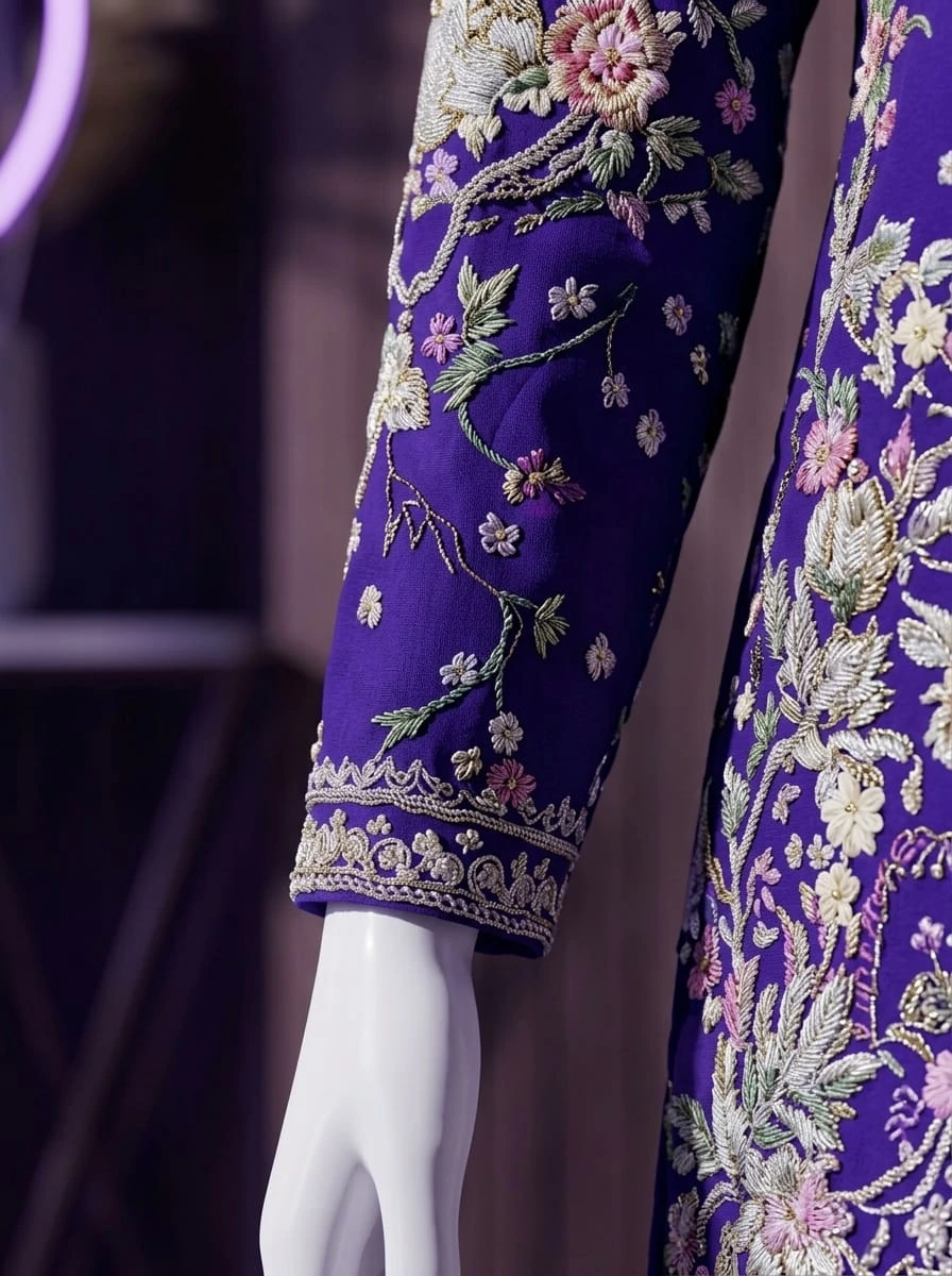 Floral embroidered sleeve and cuff detail on purple formal shirt