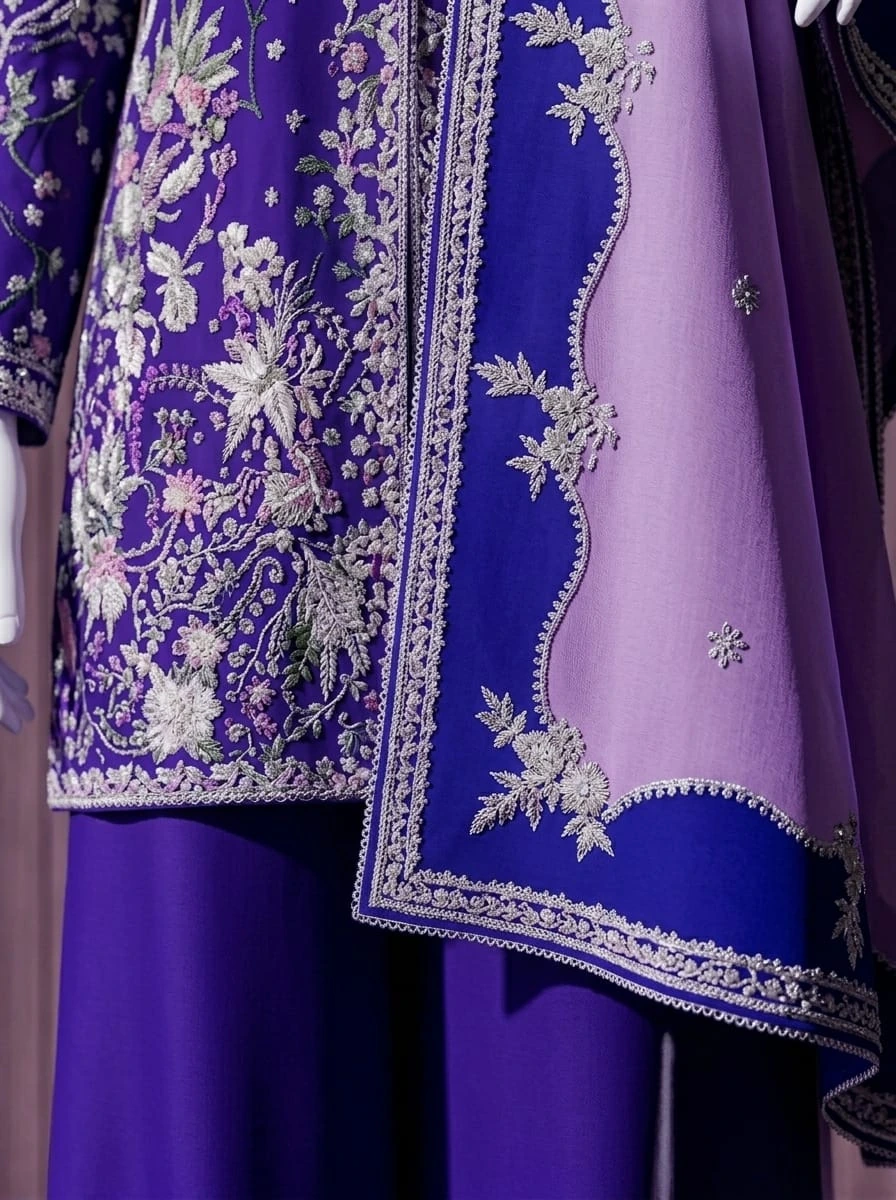 Lilac and indigo embroidered dupatta detail on Mehfil-e-Rang LK 02
