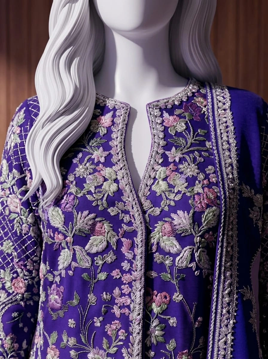 Multicolour floral embroidered neckline on Mehfil-e-Rang LK 02