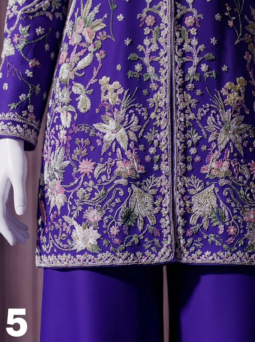 Dense pastel floral embroidery on royal-purple short shirt