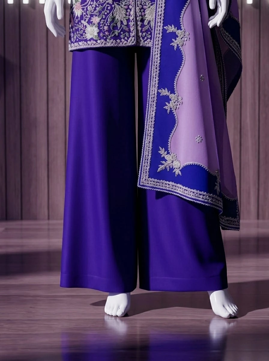 Purple wide-leg trousers with two-tone embroidered dupatta