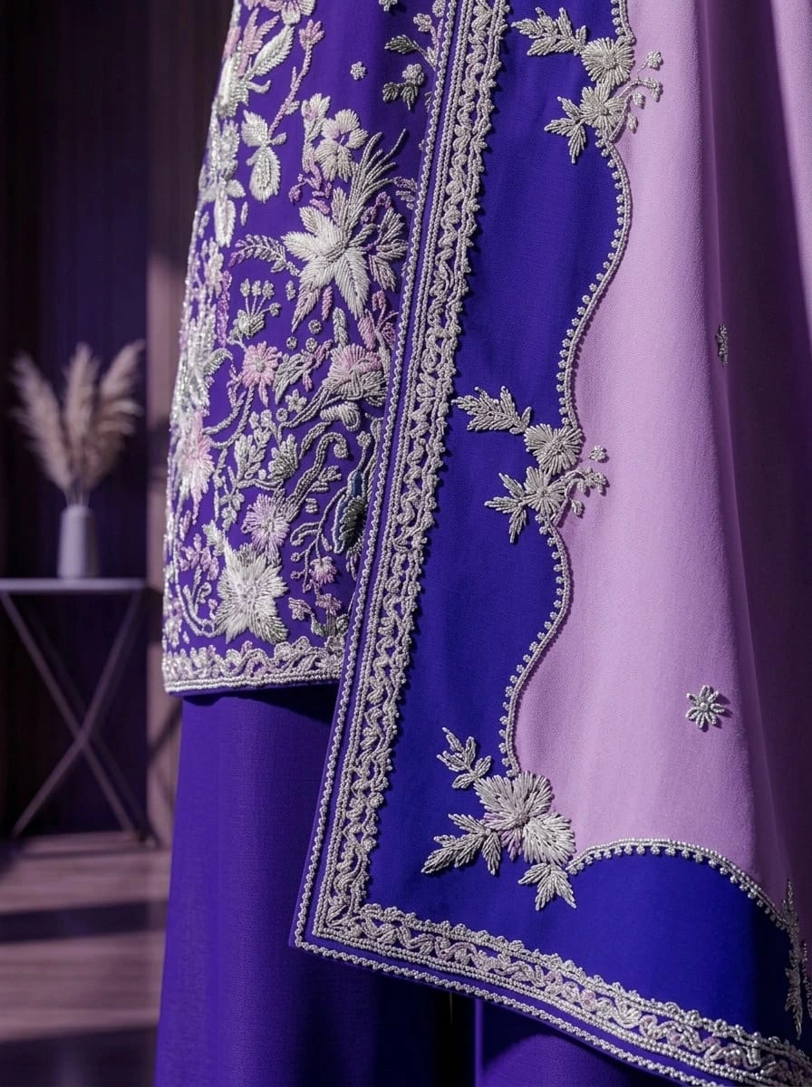 Close-up of lilac and indigo dupatta border embroidery