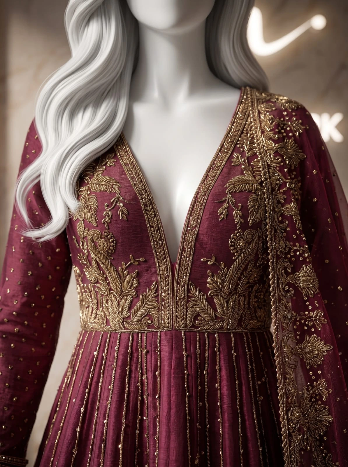 Antique-gold embroidered V-neck bodice on Mehr Un Nisa LK 03