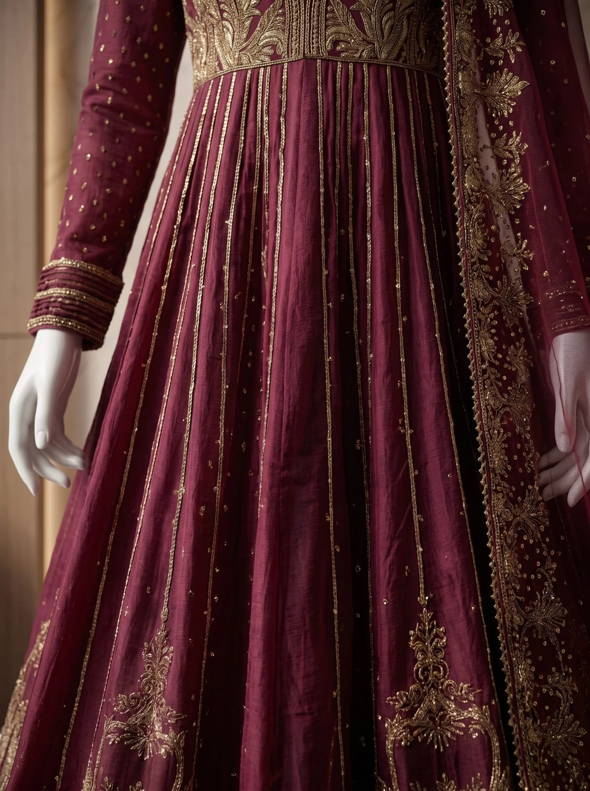 Gold vertical embroidery on the maroon flared wedding gown