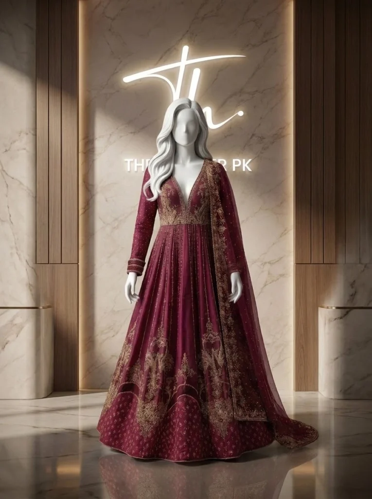 Mehr Un Nisa LK 03 maroon Pakistani wedding dress front view
