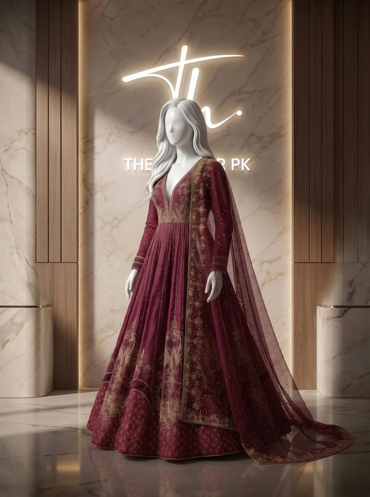 Mehr Un Nisa LK 03 maroon wedding gown three-quarter view