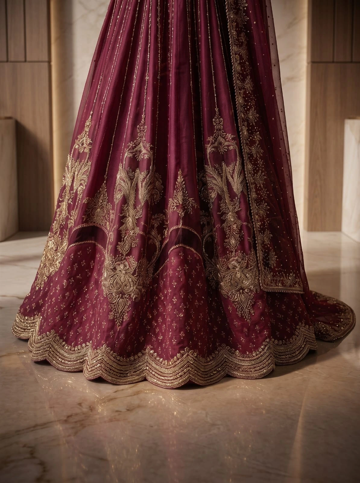 Scalloped antique-gold embroidered hem detail