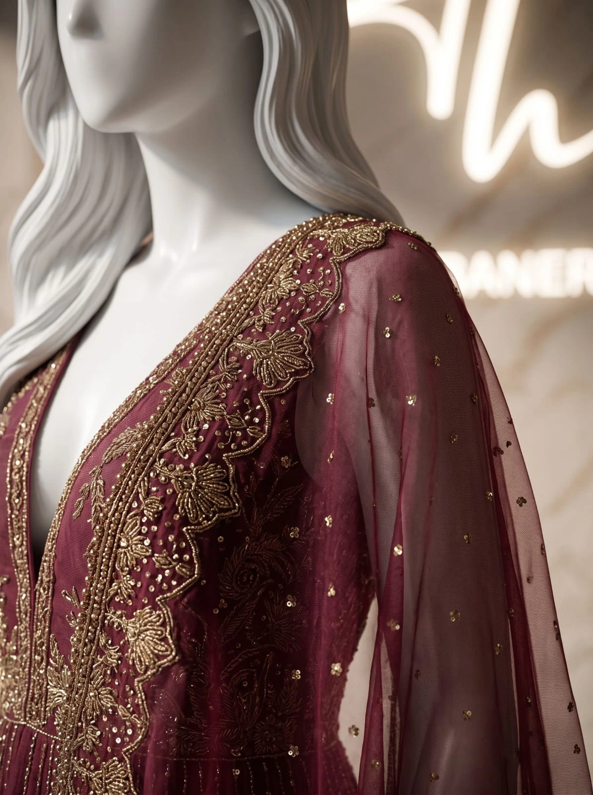 Sheer maroon dupatta and gold shoulder embroidery detail