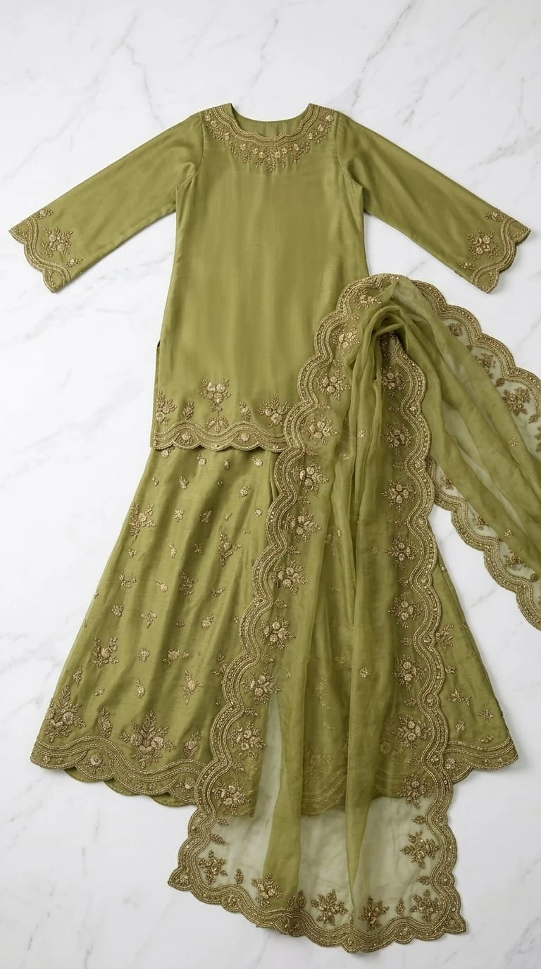 Sunehri Ada LK 01 olive green embroidered three-piece formal set