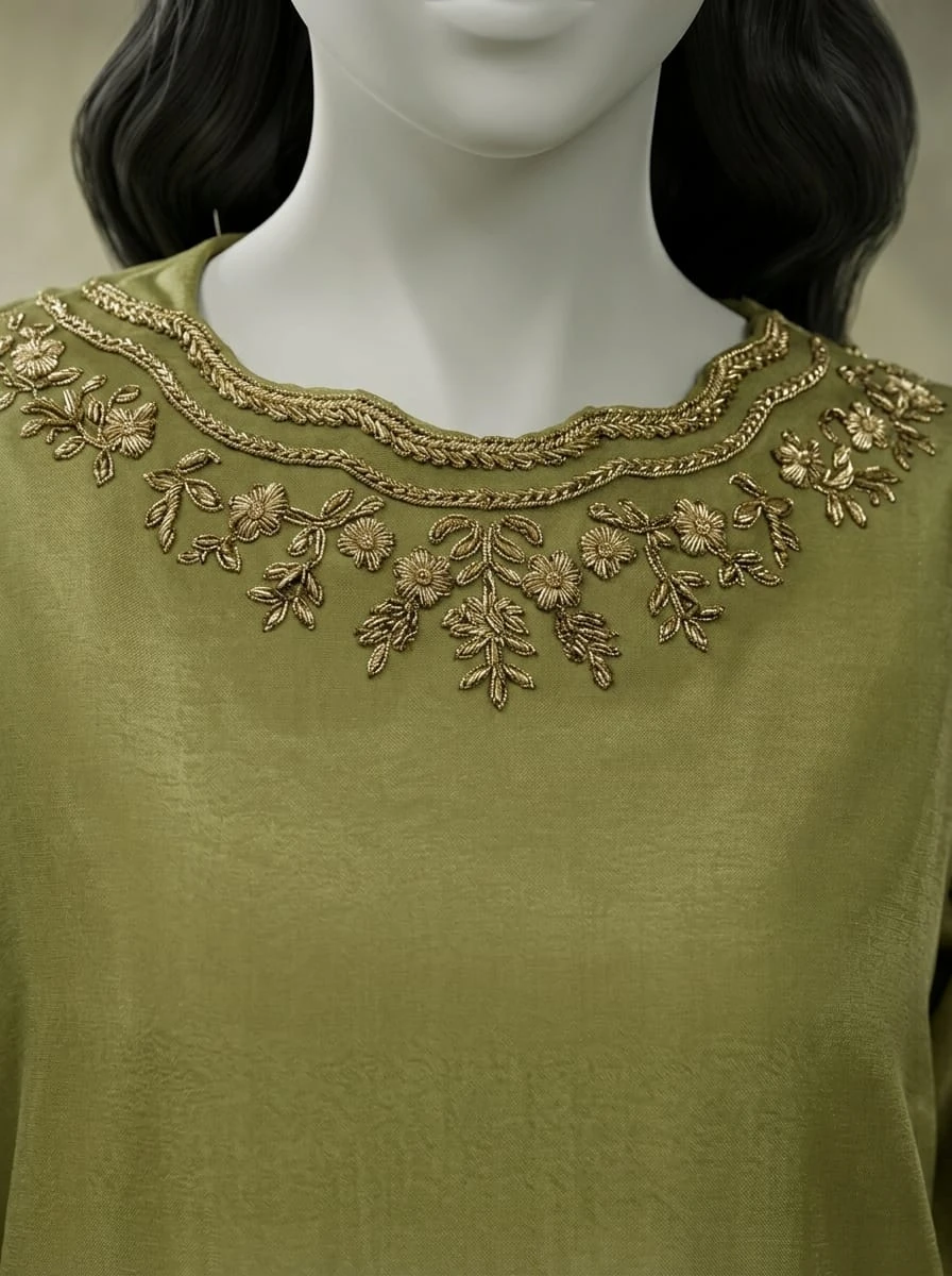 Gold floral embroidered neckline detail on Sunehri Ada LK 01