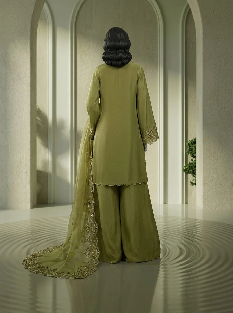 Sunehri Ada LK 01 olive green embroidered formal dress back view