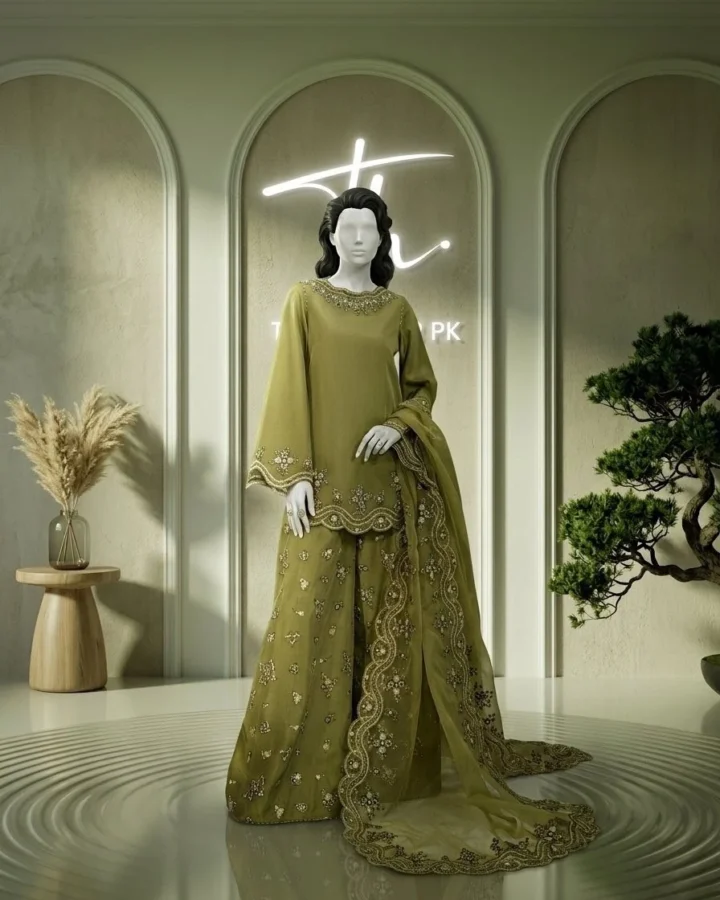 Sunehri Ada LK 01 olive green Pakistani formal dress front view