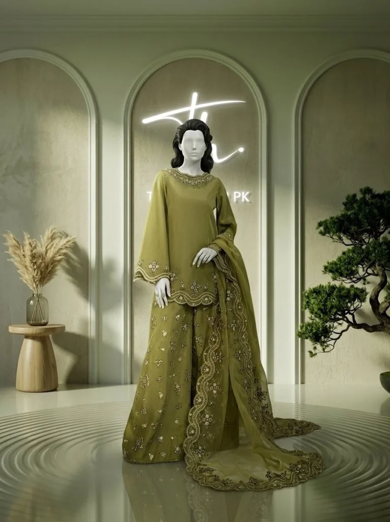 Sunehri Ada LK 01 olive green Pakistani formal dress front view