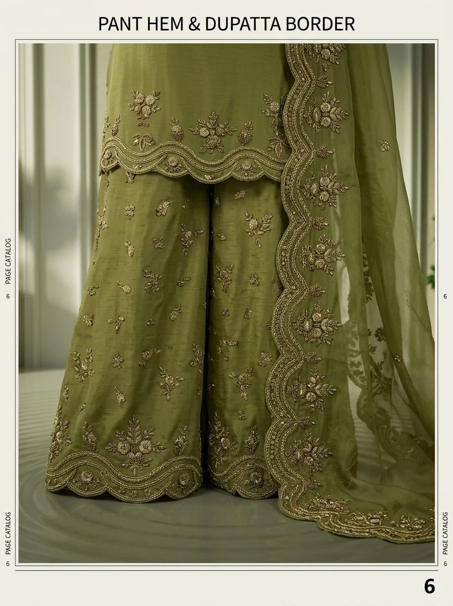 Olive green palazzo hem and embroidered dupatta border detail