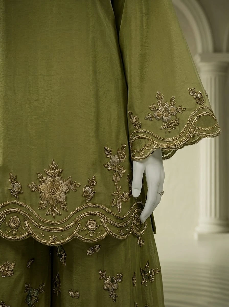 Scalloped embroidered shirt hem and sleeve detail
